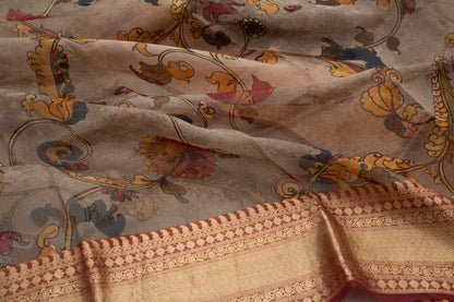 Organza Floral Printed Brown Saree
