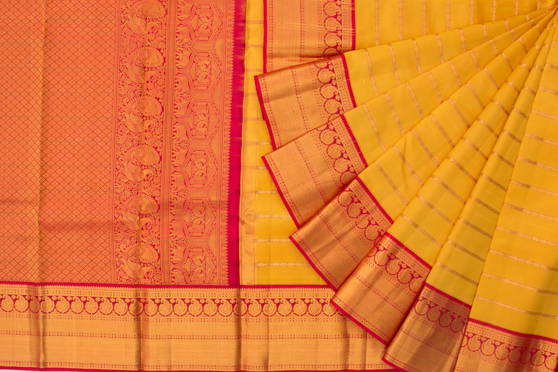 Kanchipuram Silk Horizontal Lines Mustard Yellow Saree