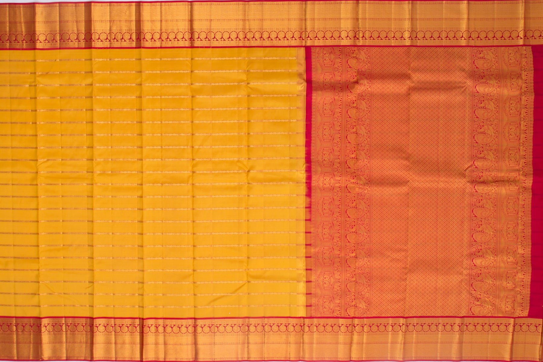 Kanchipuram Silk Horizontal Lines Mustard Yellow Saree