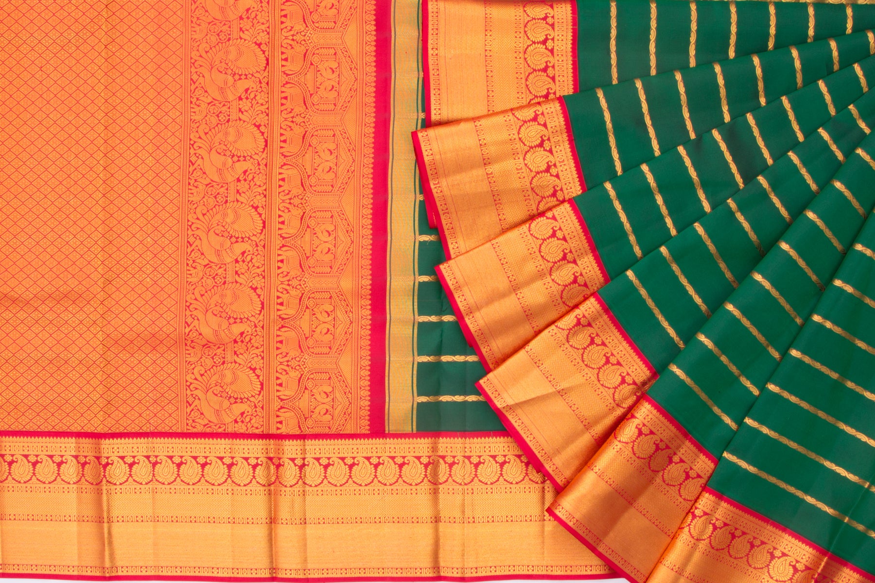 Kanchipuram Silk Horizontal Lines Green Saree