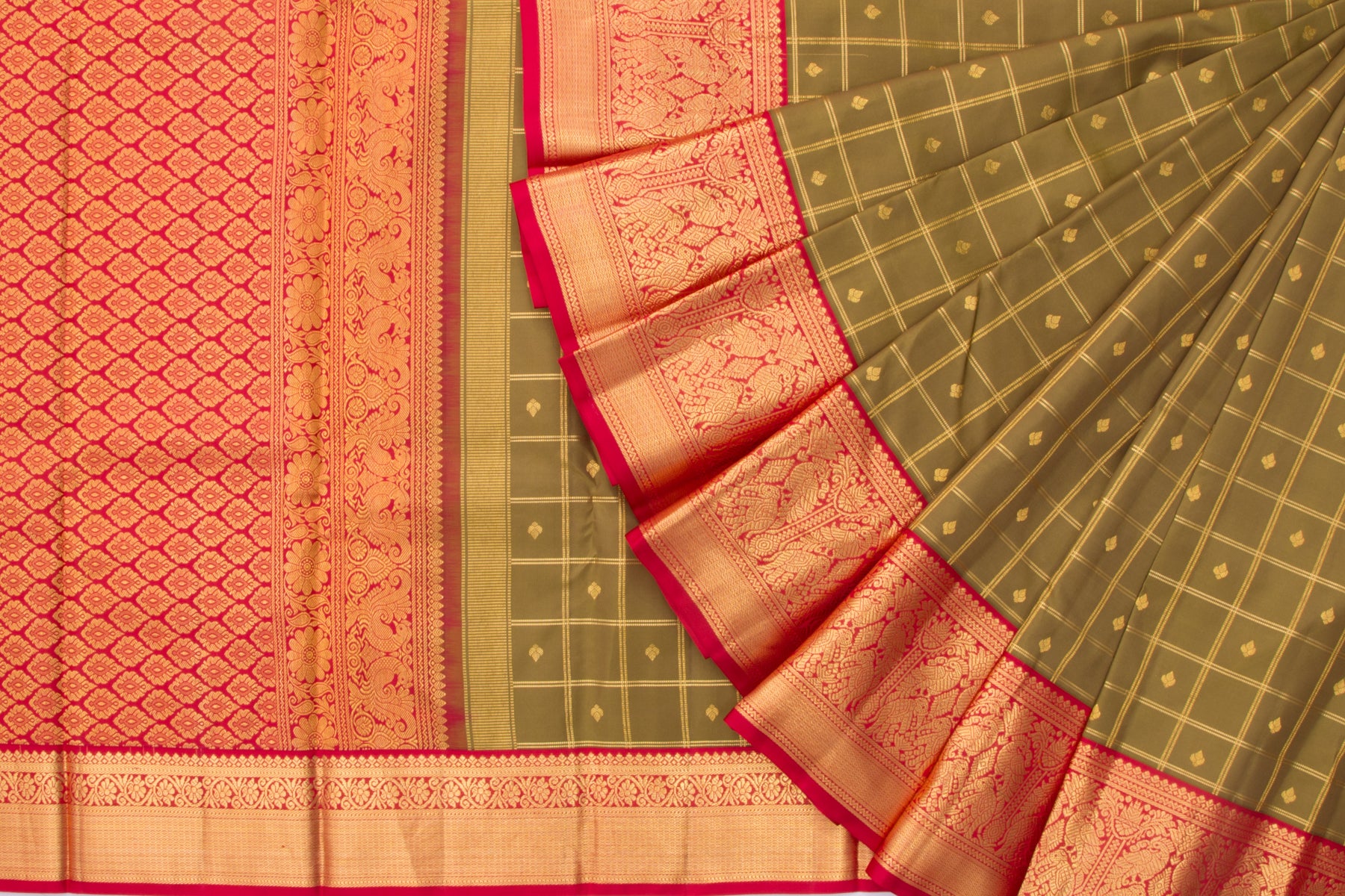 Kanchipuram Silk Checks And Butta Mehandi Green Saree