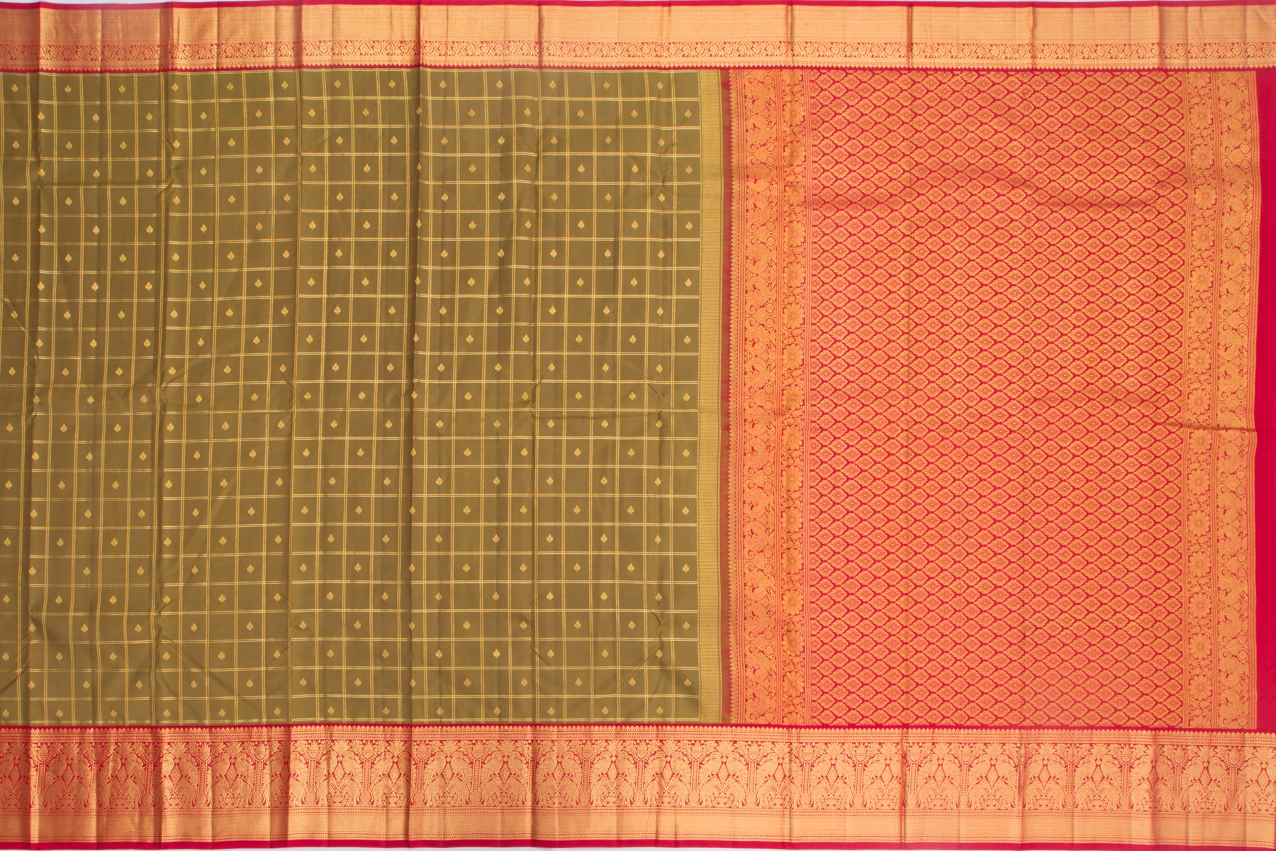 Kanchipuram Silk Checks And Butta Mehandi Green Saree