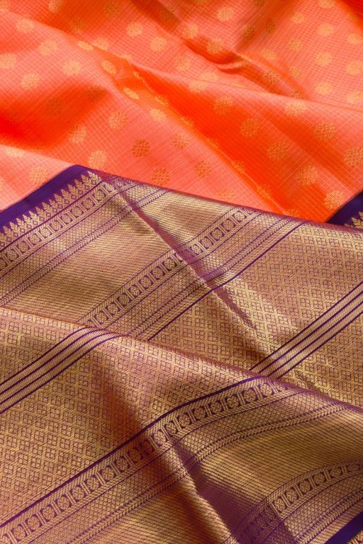 Kanchipuram Silk Checks And butta Pastel Orange Saree