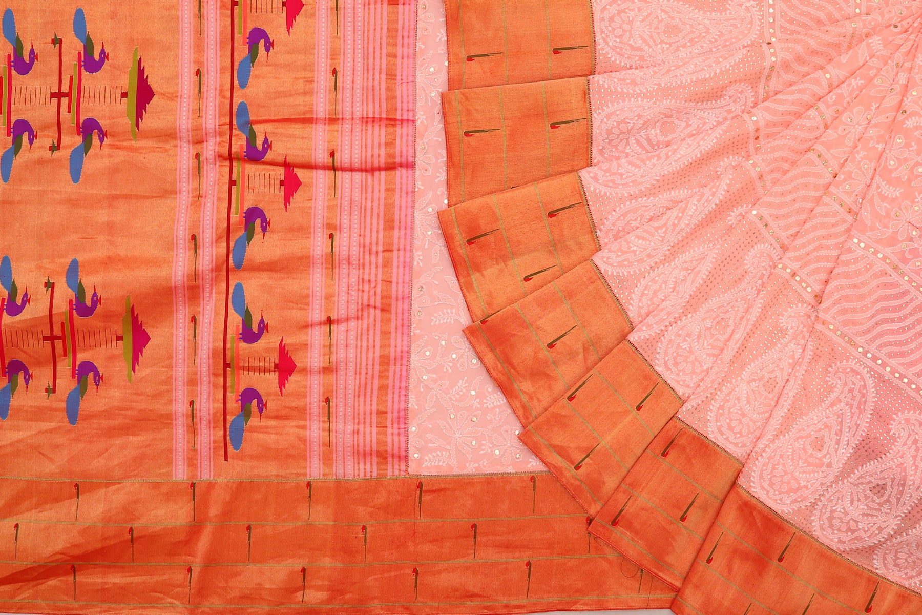 Lucknow Chikankari Georgette Pastel Pink Saree With Attached Paithani Border