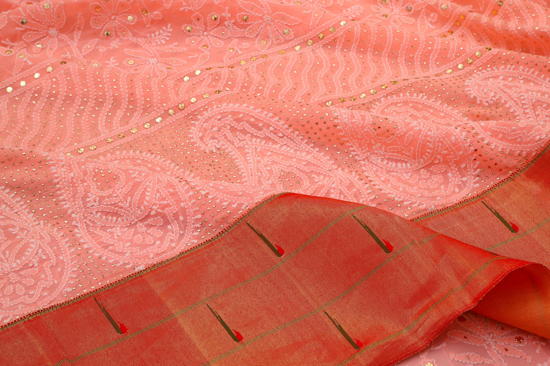 Lucknow Chikankari Georgette Pastel Pink Saree With Attached Paithani Border