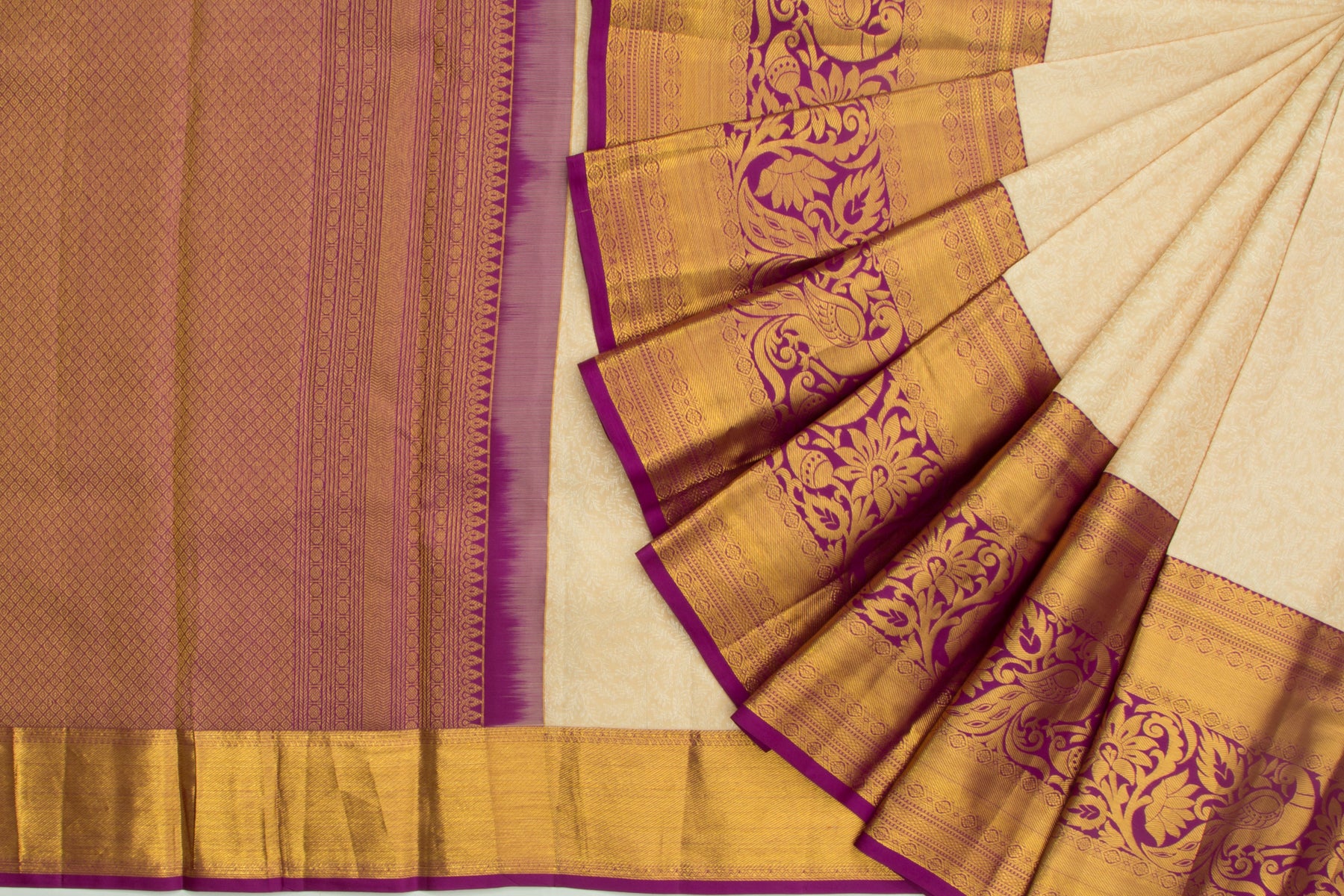 Kanchipuram Silk Jaal Cream Saree