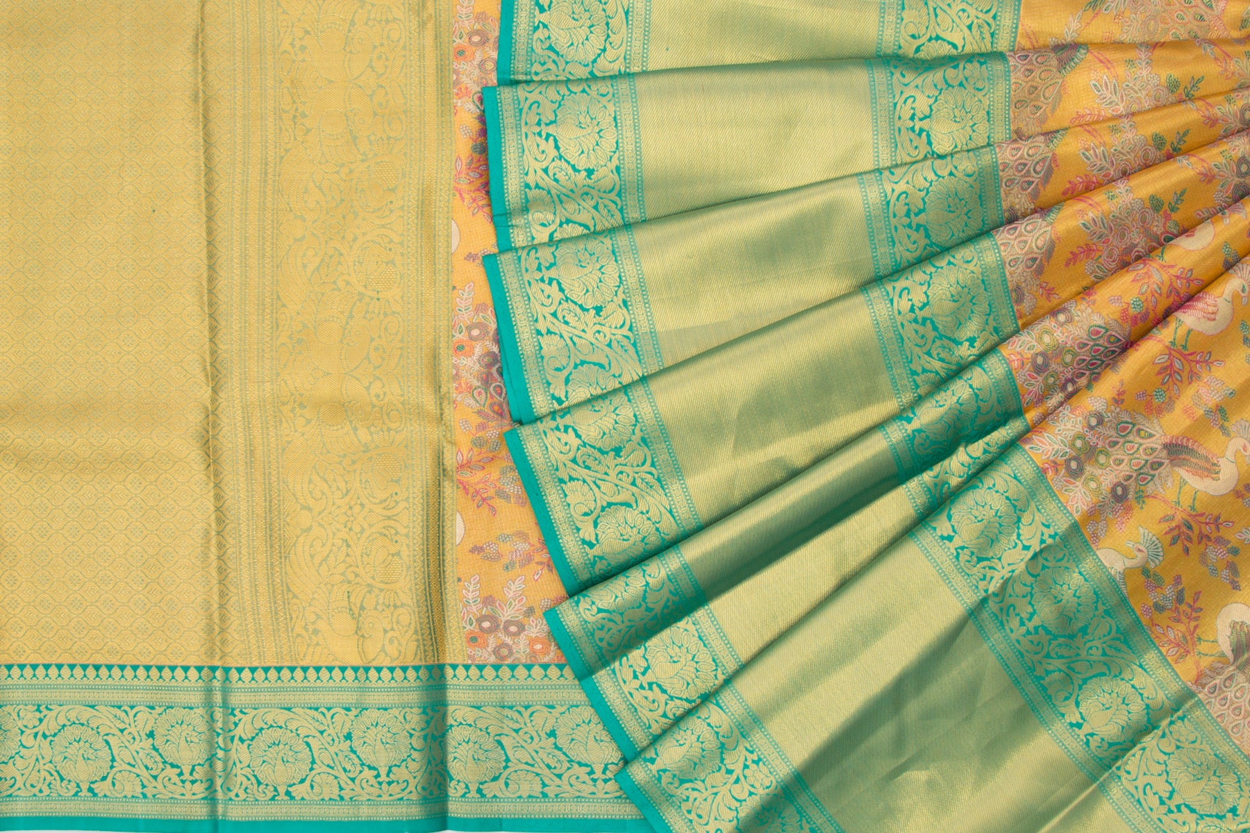 Kanchipuram Silk Tissue Jaal Mustard Yellow Saree