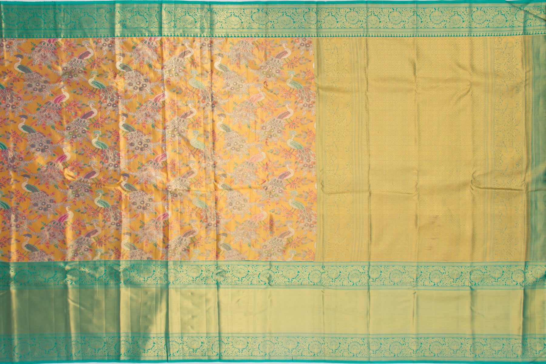 Kanchipuram Silk Tissue Jaal Mustard Yellow Saree