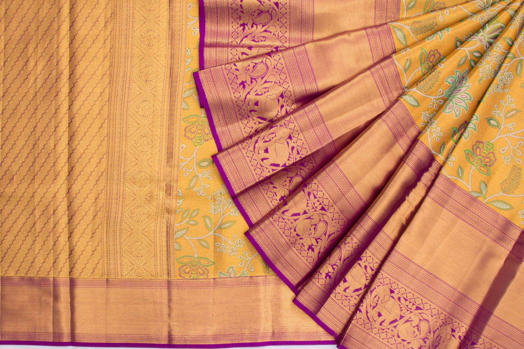 Kanchipuram Silk Tissue Jaal Mustard Yellow Saree