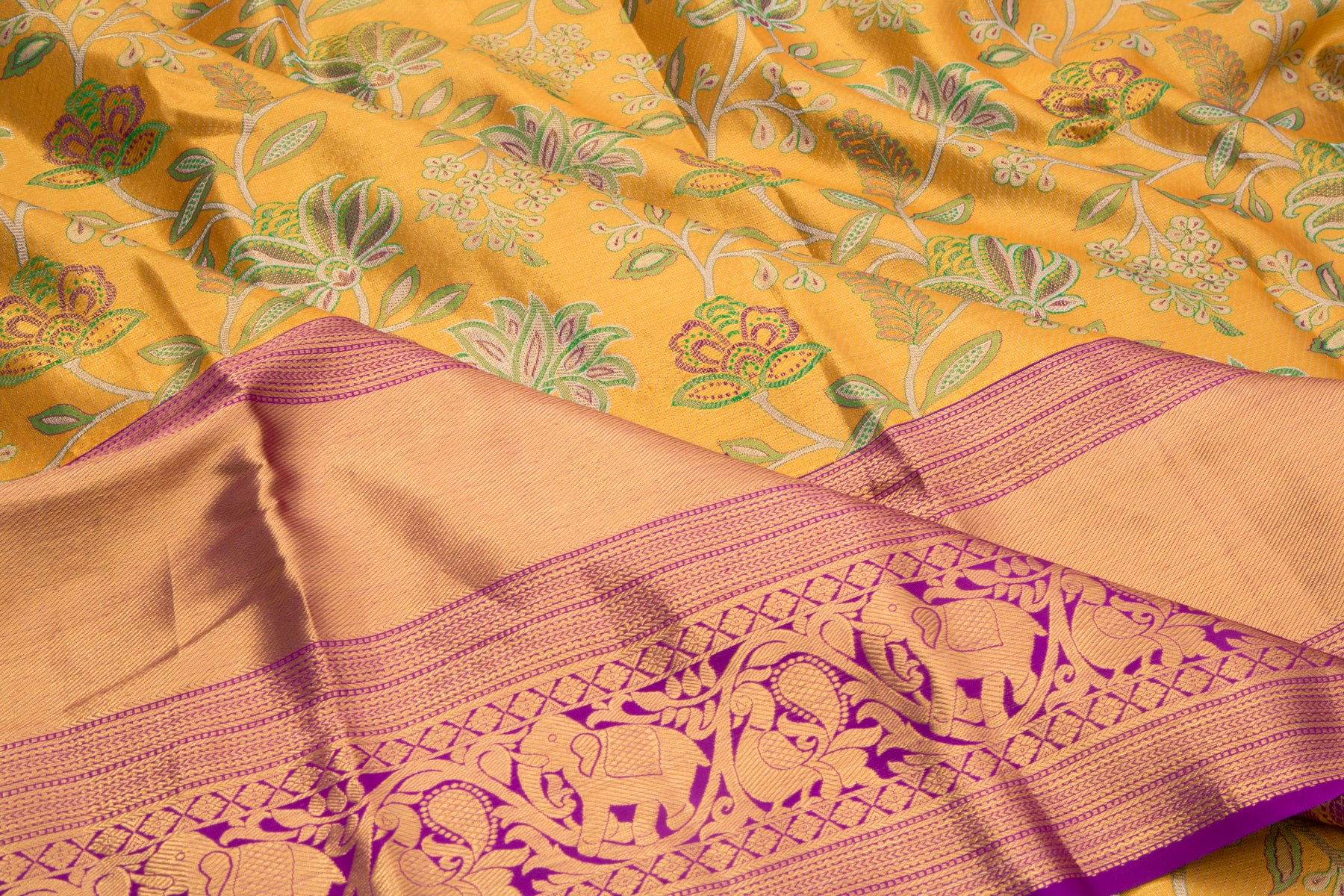 Kanchipuram Silk Tissue Jaal Mustard Yellow Saree