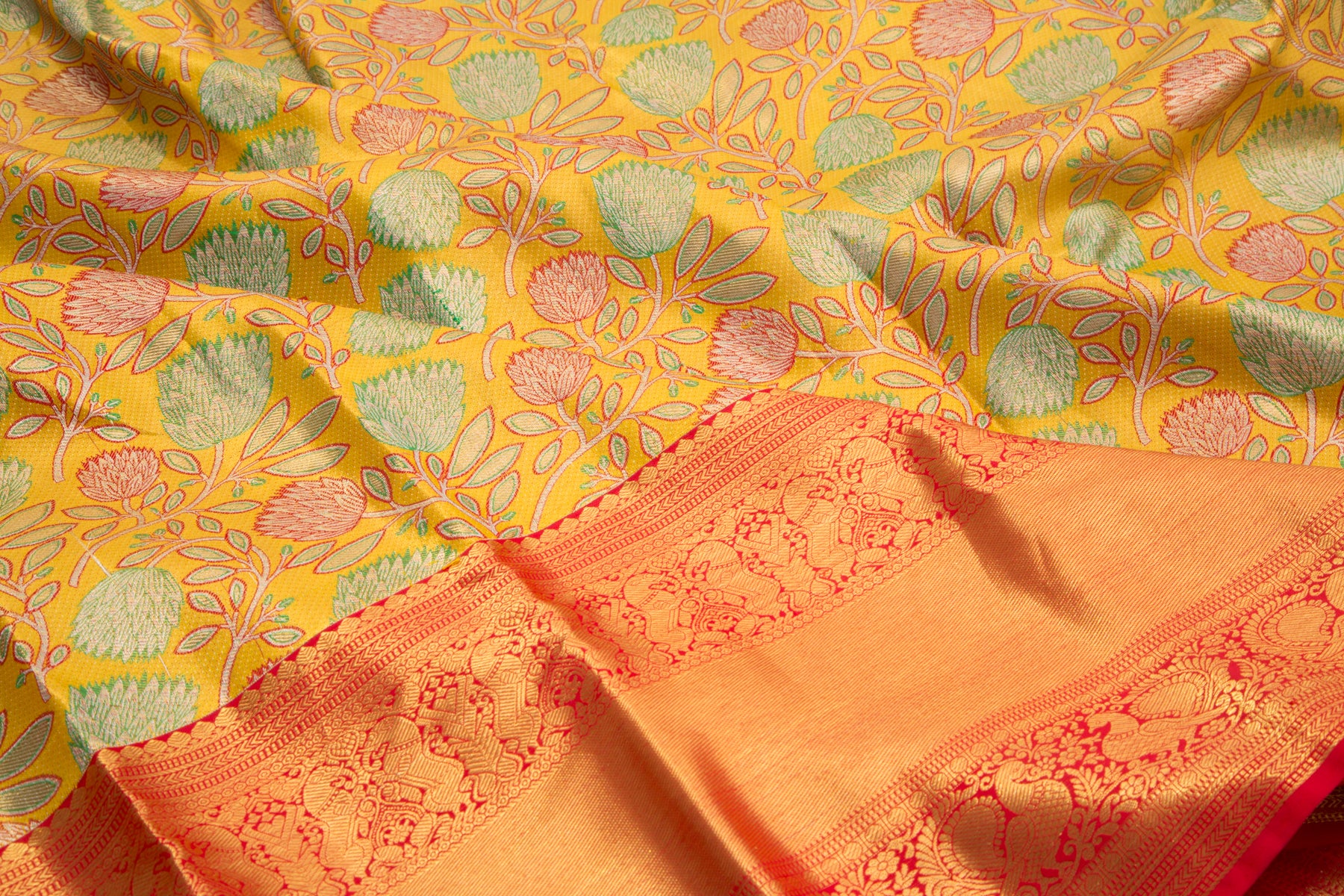 Kanchipuram Silk Tissue Brocade Yellow Saree