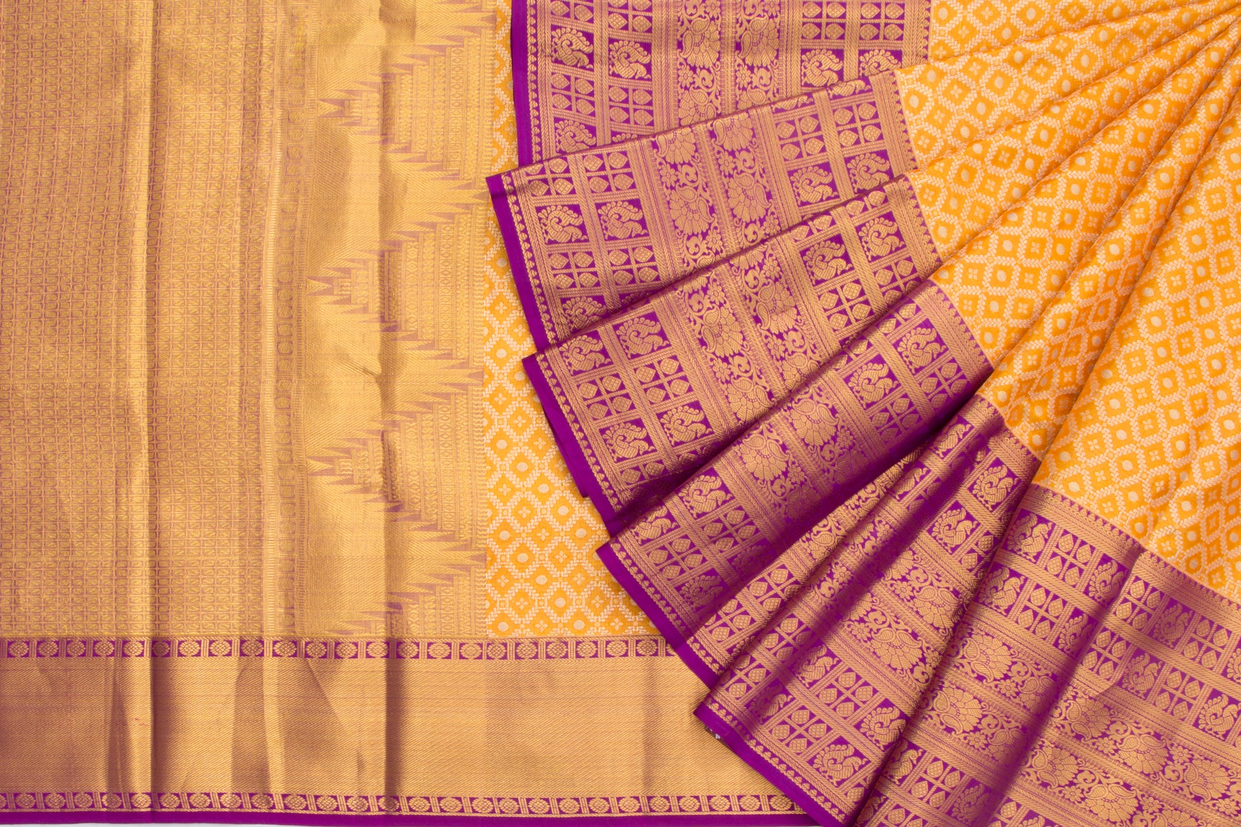Kanchipuram Silk Tissue Criss-Cross Checks And Butta Orange Saree