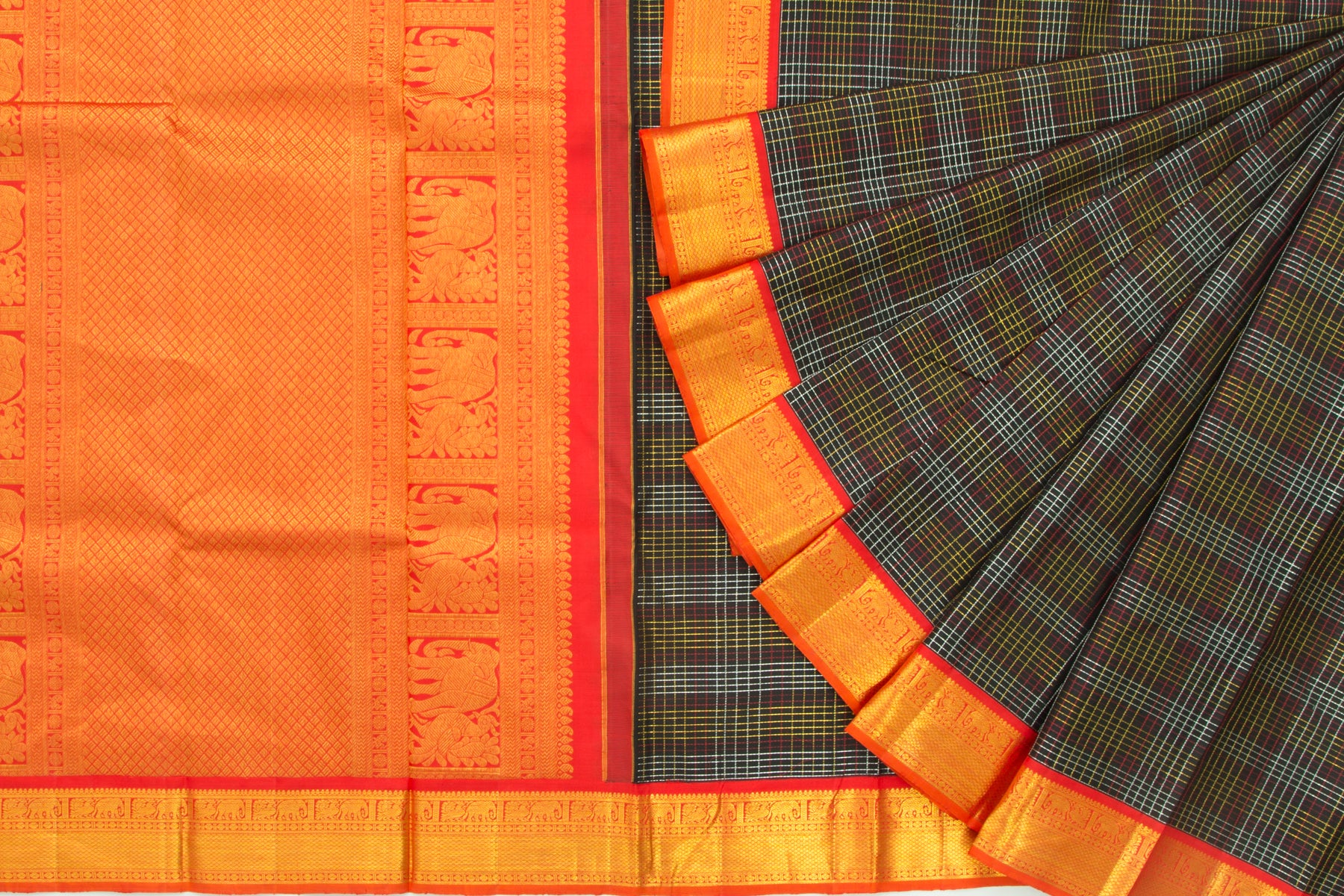 Kanchipuram Silk Checks Black Saree