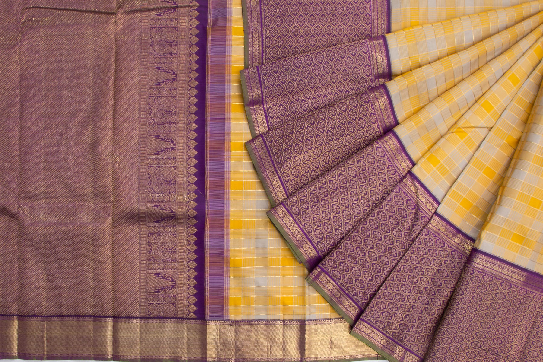 Kanchipuram Silk Checks Yellow-Grey Saree