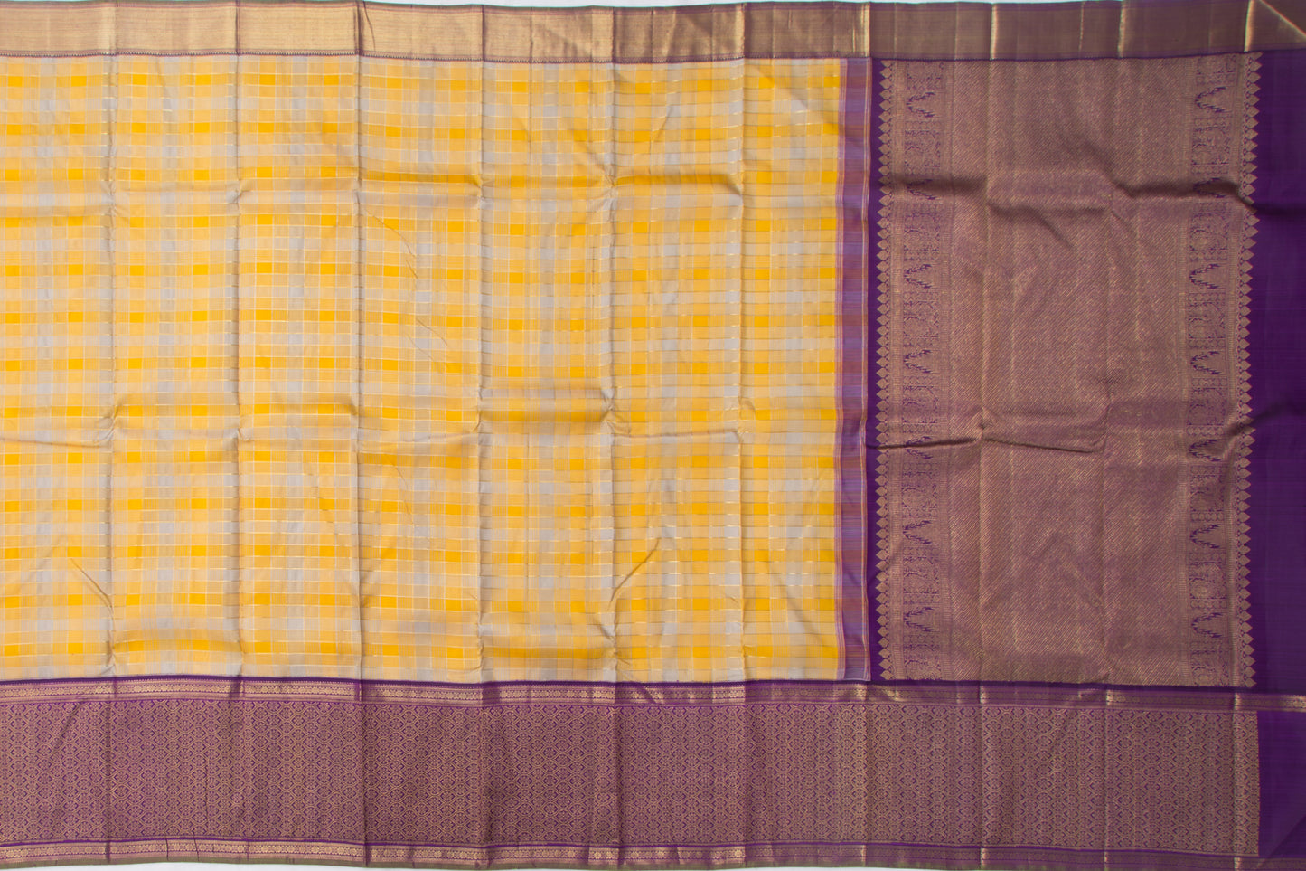 Kanchipuram Silk Checks Yellow-Grey Saree