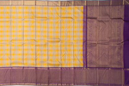 Kanchipuram Silk Checks Yellow-Grey Saree