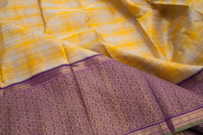 Kanchipuram Silk Checks Yellow-Grey Saree