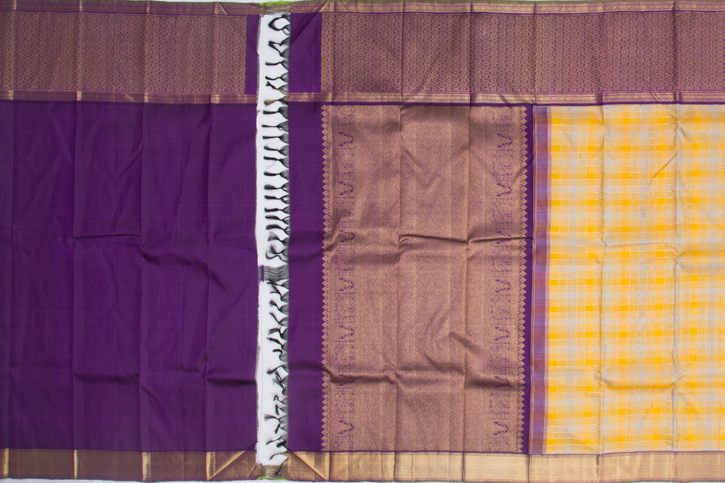 Kanchipuram Silk Checks Yellow-Grey Saree