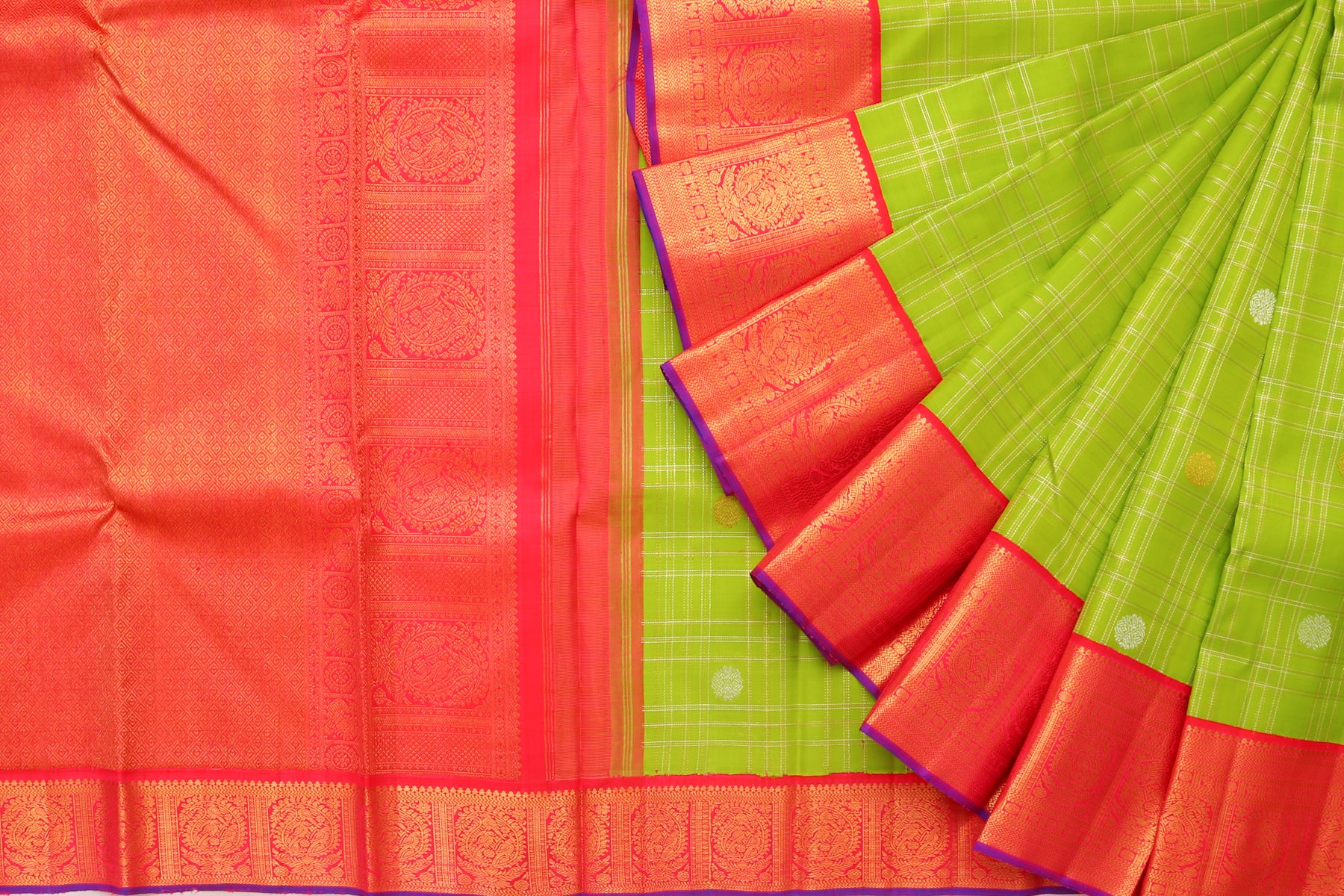 Kanchipuram Silk Checks And Butta Green Saree