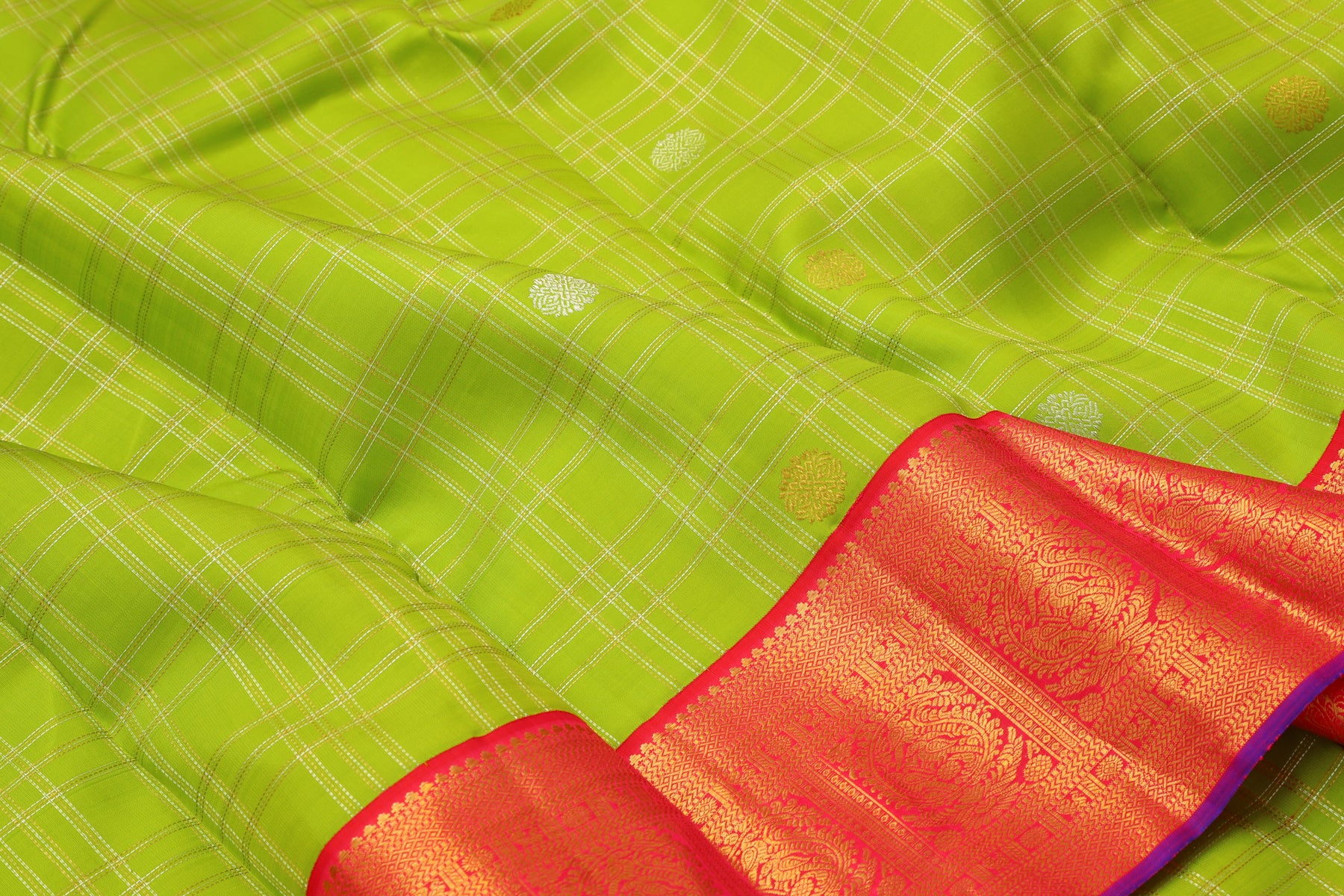 Kanchipuram Silk Checks And Butta Green Saree