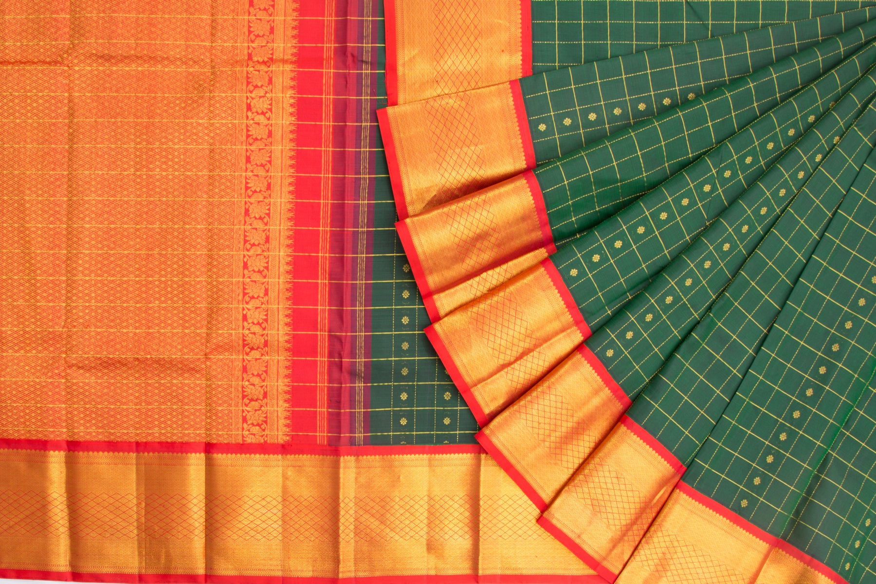 Kanchipuram Silk Checks And Butta Bottle Green Saree