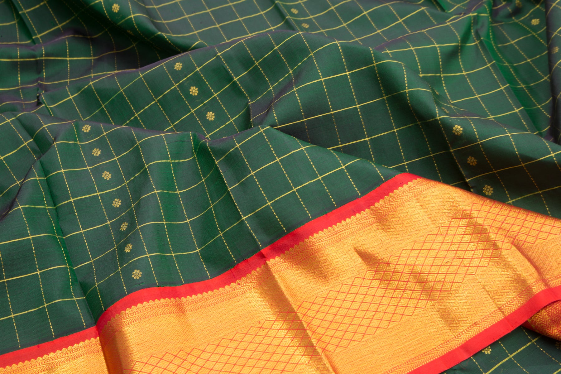 Kanchipuram Silk Checks And Butta Bottle Green Saree
