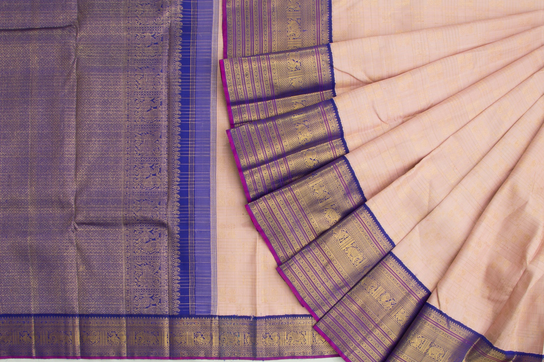 Kanchipuram Silk Checks And Butta Cream Saree