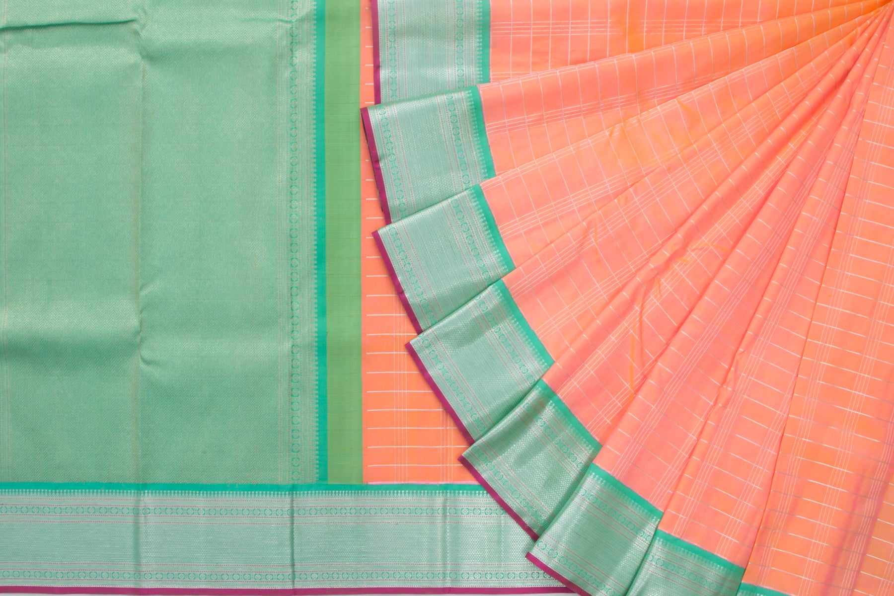 Kanchipuram Silk Checks Pink And Orange Dual Tone Saree