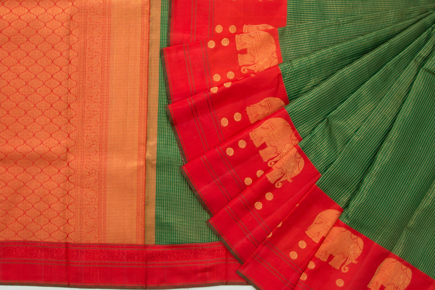 Kanchipuram Silk Checks Bottle Green Saree
