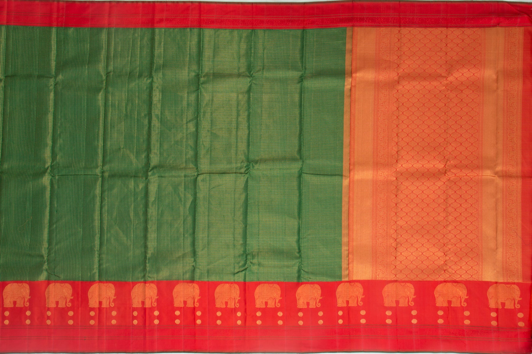 Kanchipuram Silk Checks Bottle Green Saree