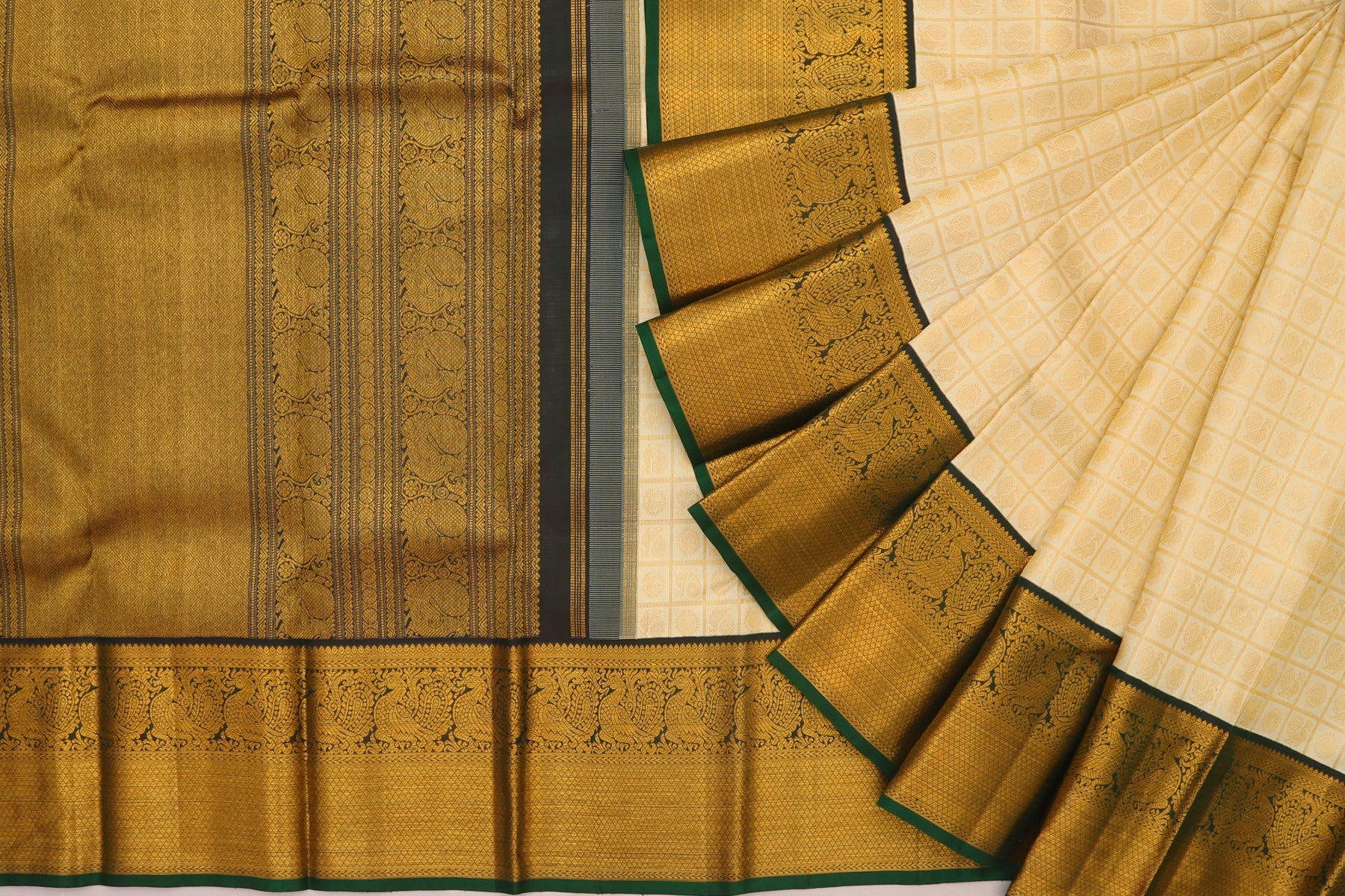 Kanchipuram Silk Checks And Butta Cream Saree