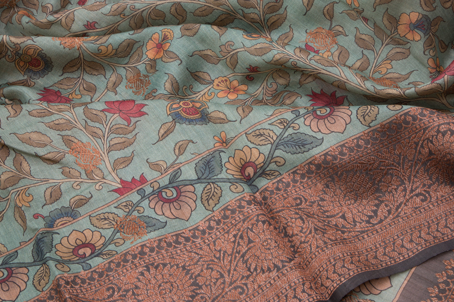 Munga Tussar Floral Printed Blue Saree