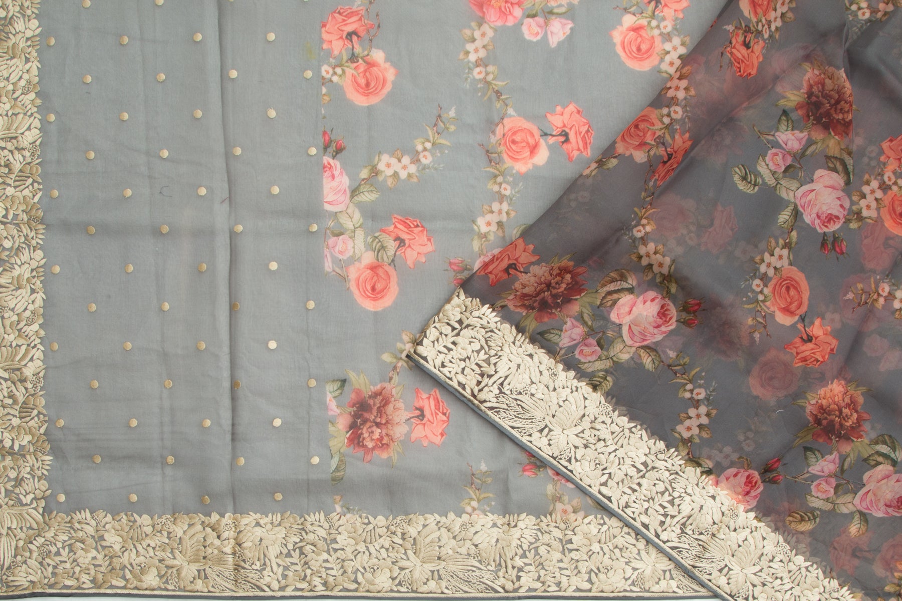 Organza Floral Printed Grey Saree