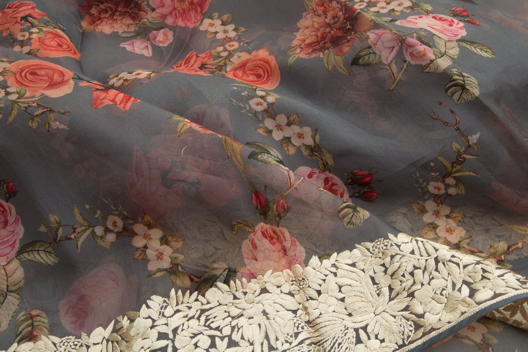 Organza Floral Printed Grey Saree
