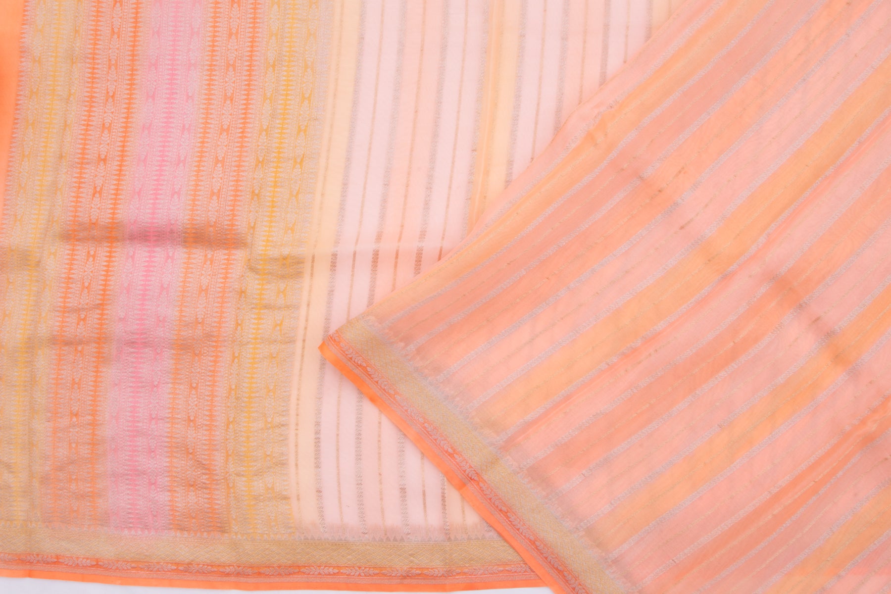 Banarasi Kora Organza Vertical Lines Pastel Orange Saree