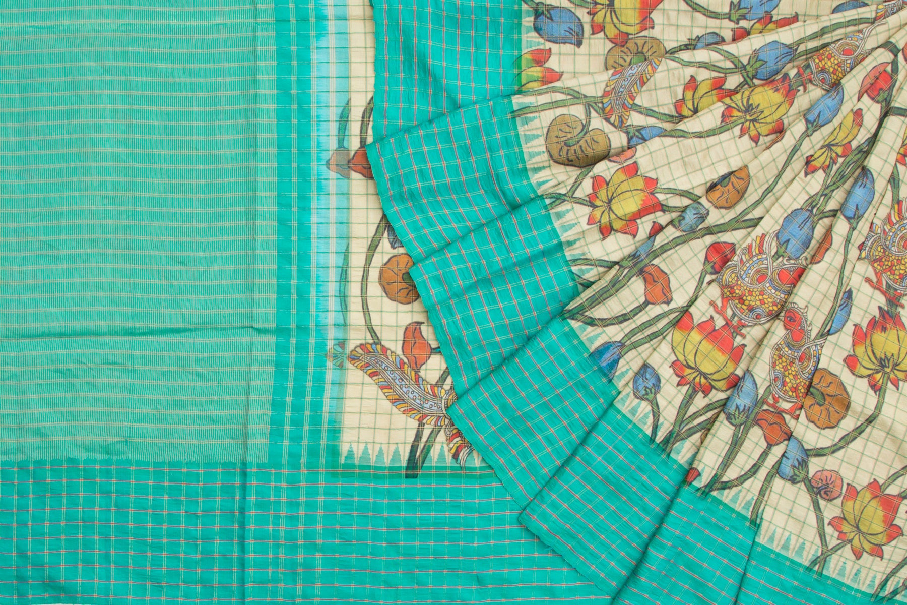 Kanchipuram Silk Floral Printed Cream Saree