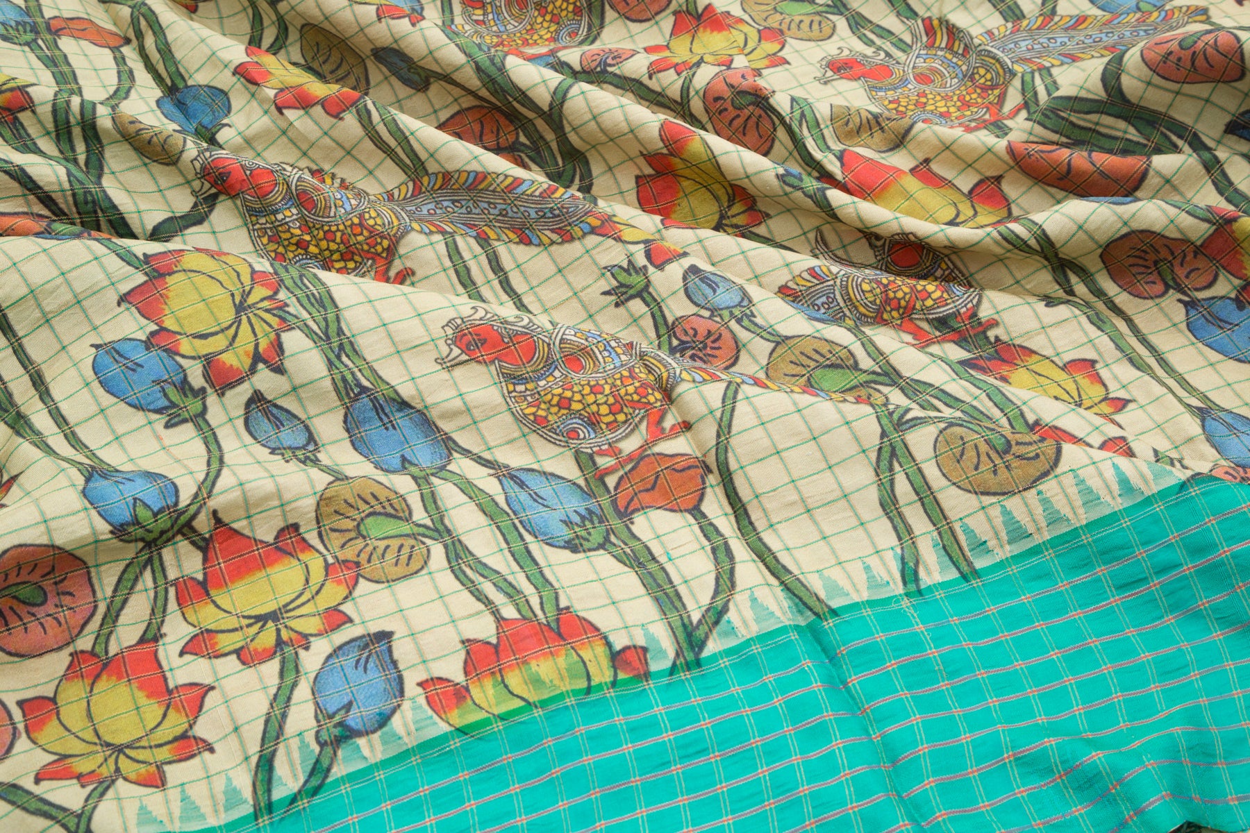 Kanchipuram Silk Floral Printed Cream Saree