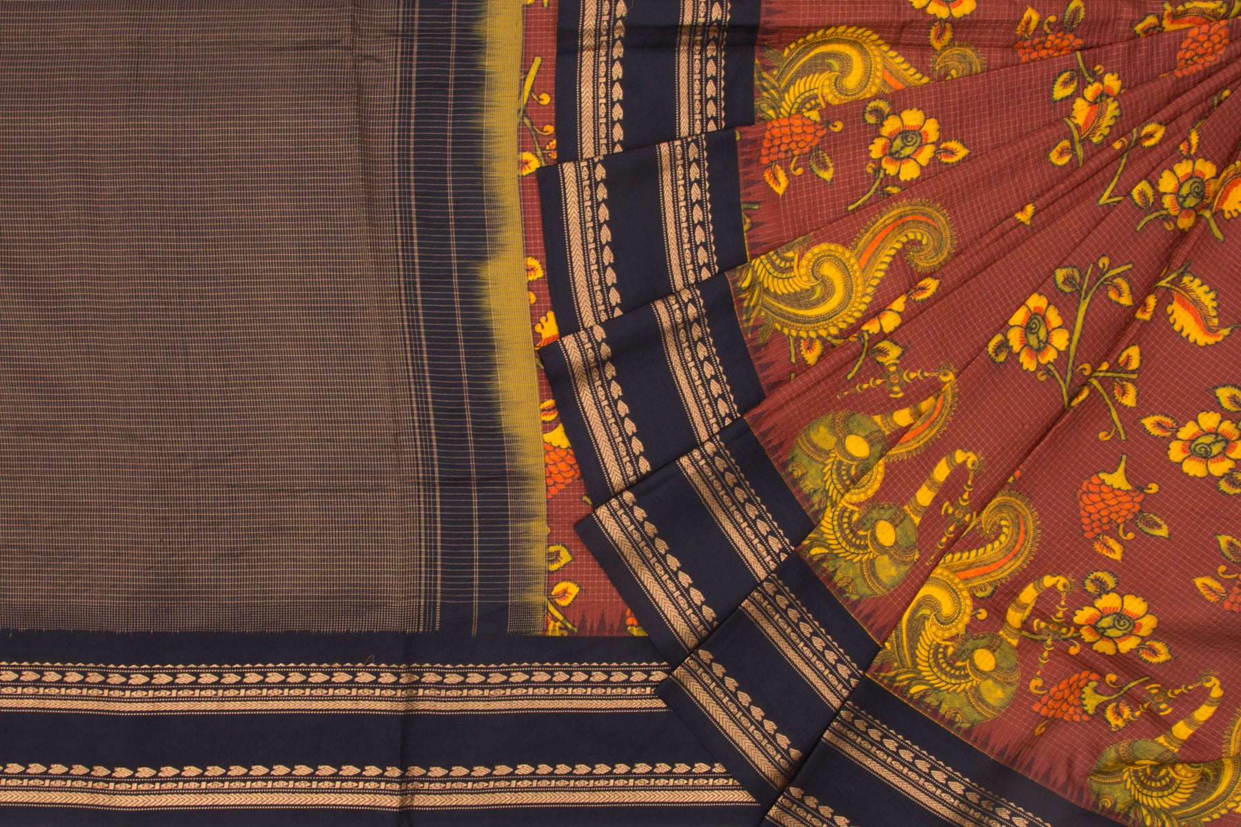 Kanchipuram Silk Floral Printed Brown Saree