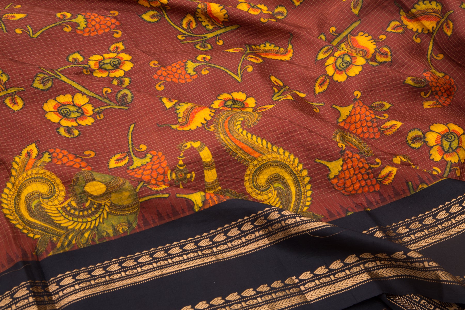 Kanchipuram Silk Floral Printed Brown Saree