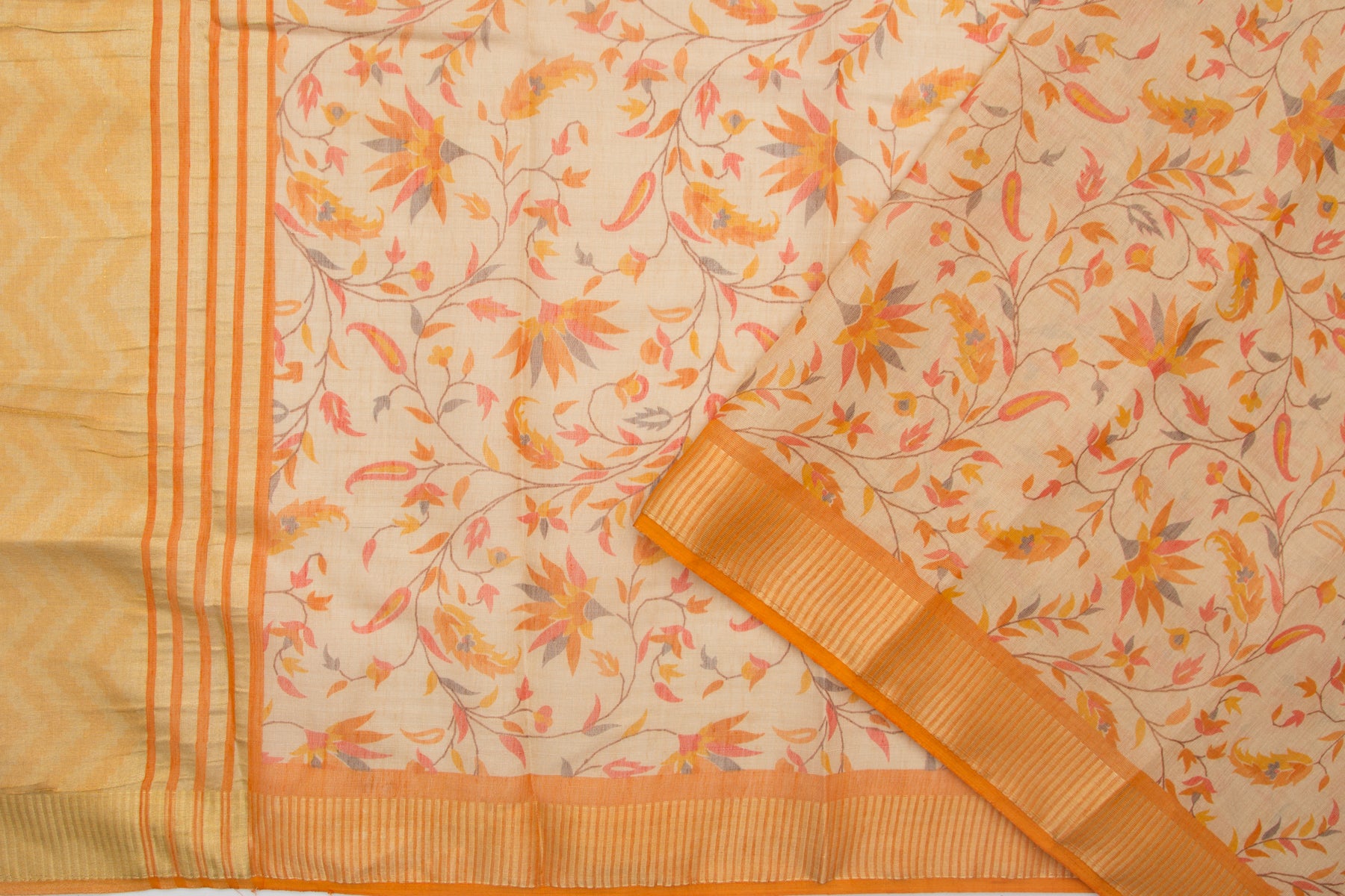 Linen Tissue Floral Printed Cream Saree