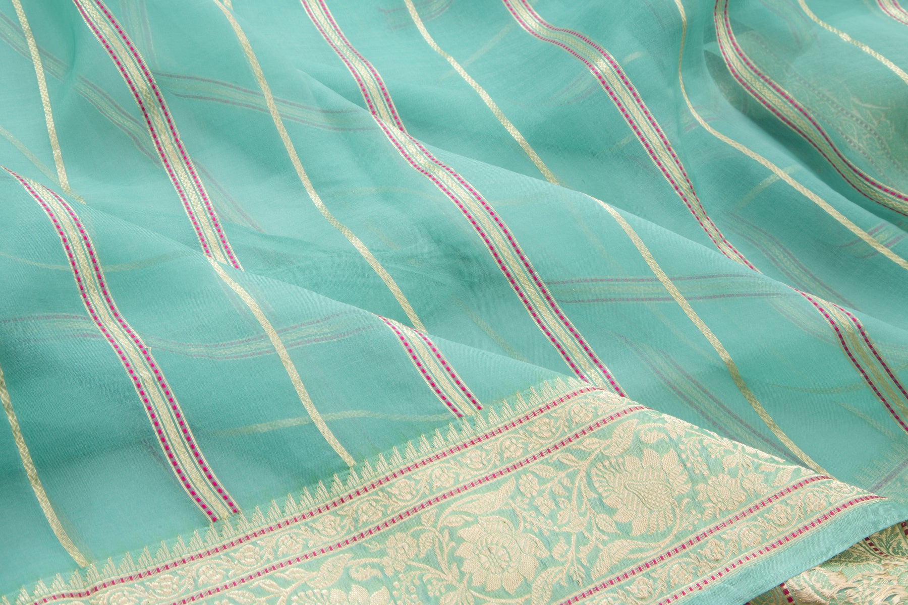 Banarasi Kora Organza Vertical Lines Blue Saree
