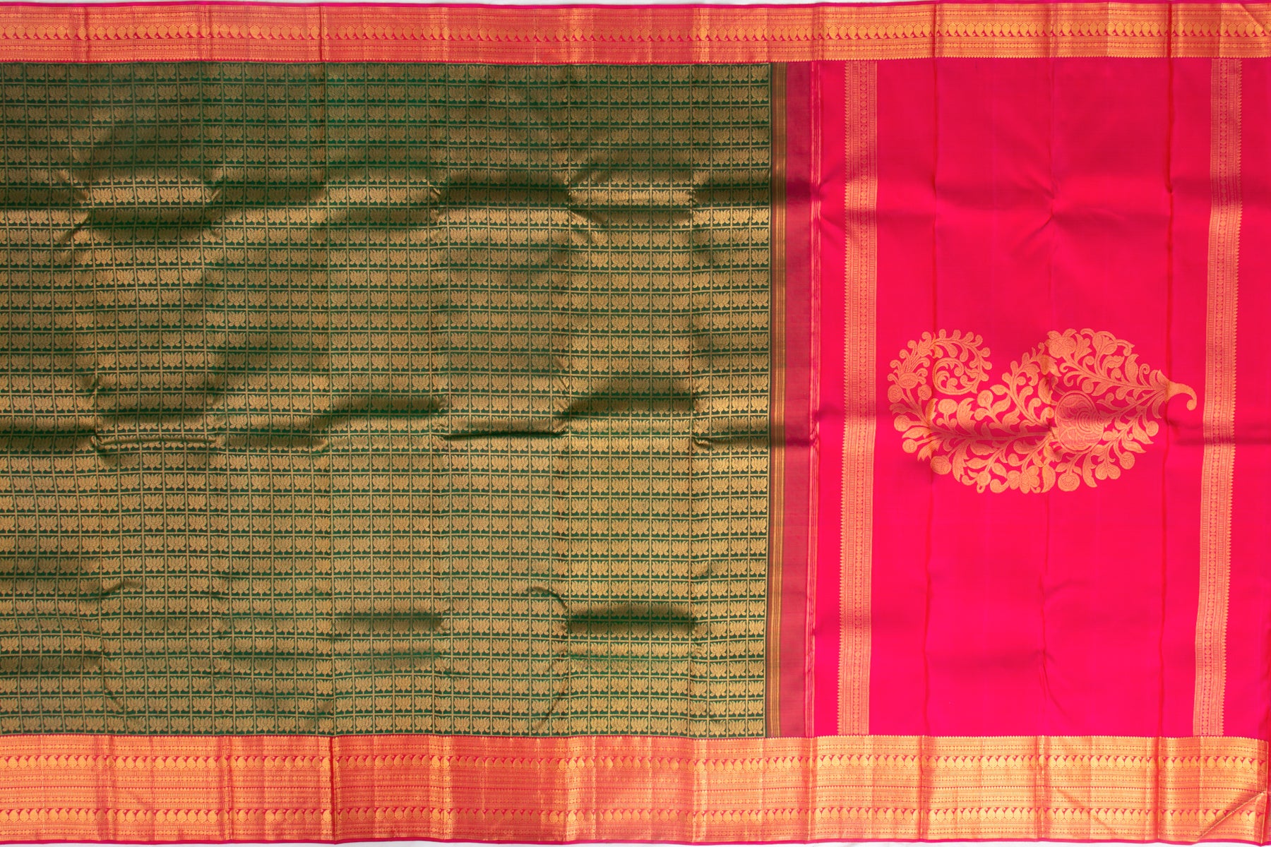 Kanchipuram Silk Checks And Butta Green Saree