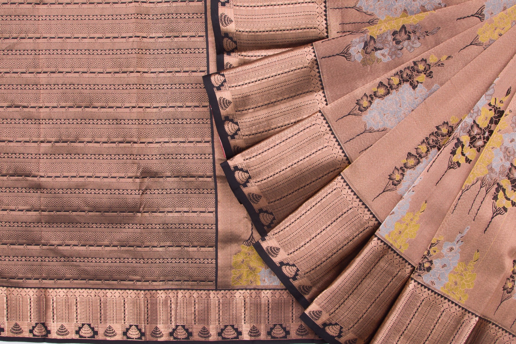 Kanchipuram Silk Tissue Brocade Pastel Brown Saree