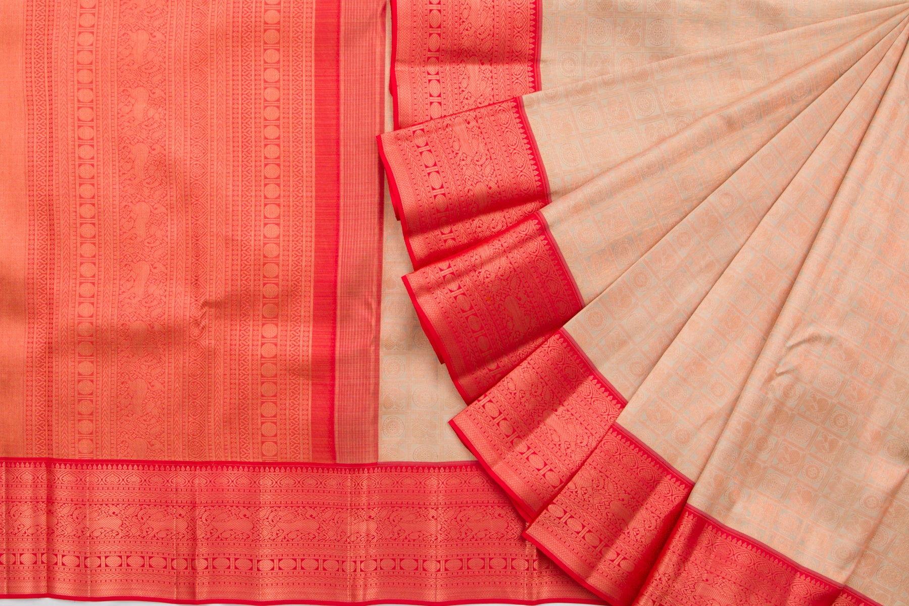 Kanchipuram Silk Tissue Checks And Butta Cream Saree