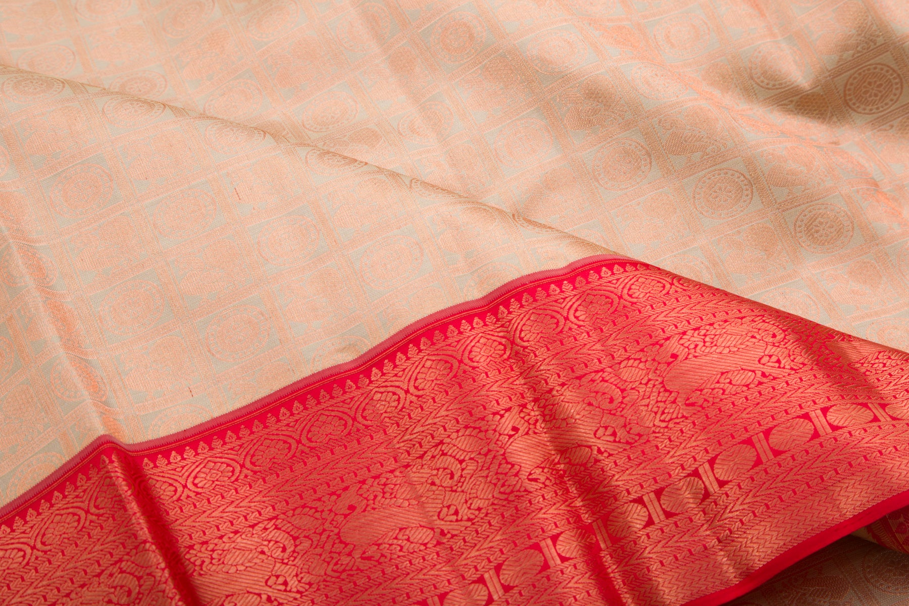 Kanchipuram Silk Tissue Checks And Butta Cream Saree