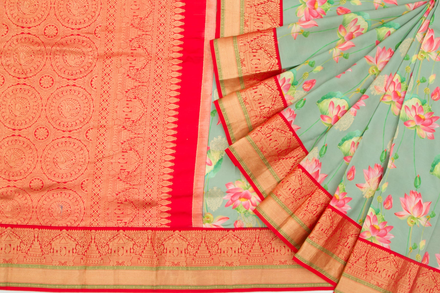Kanchipuram Silk Floral Printed Green Saree