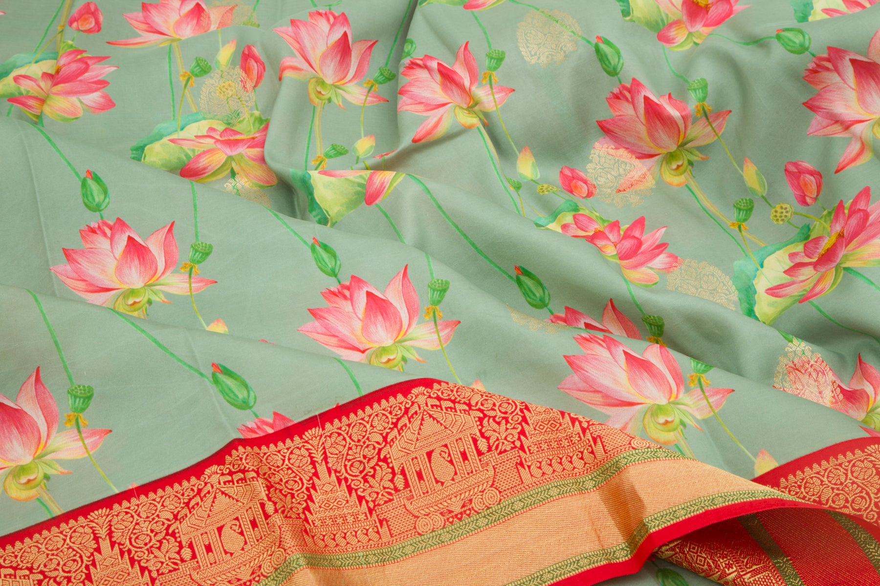 Kanchipuram Silk Floral Printed Green Saree