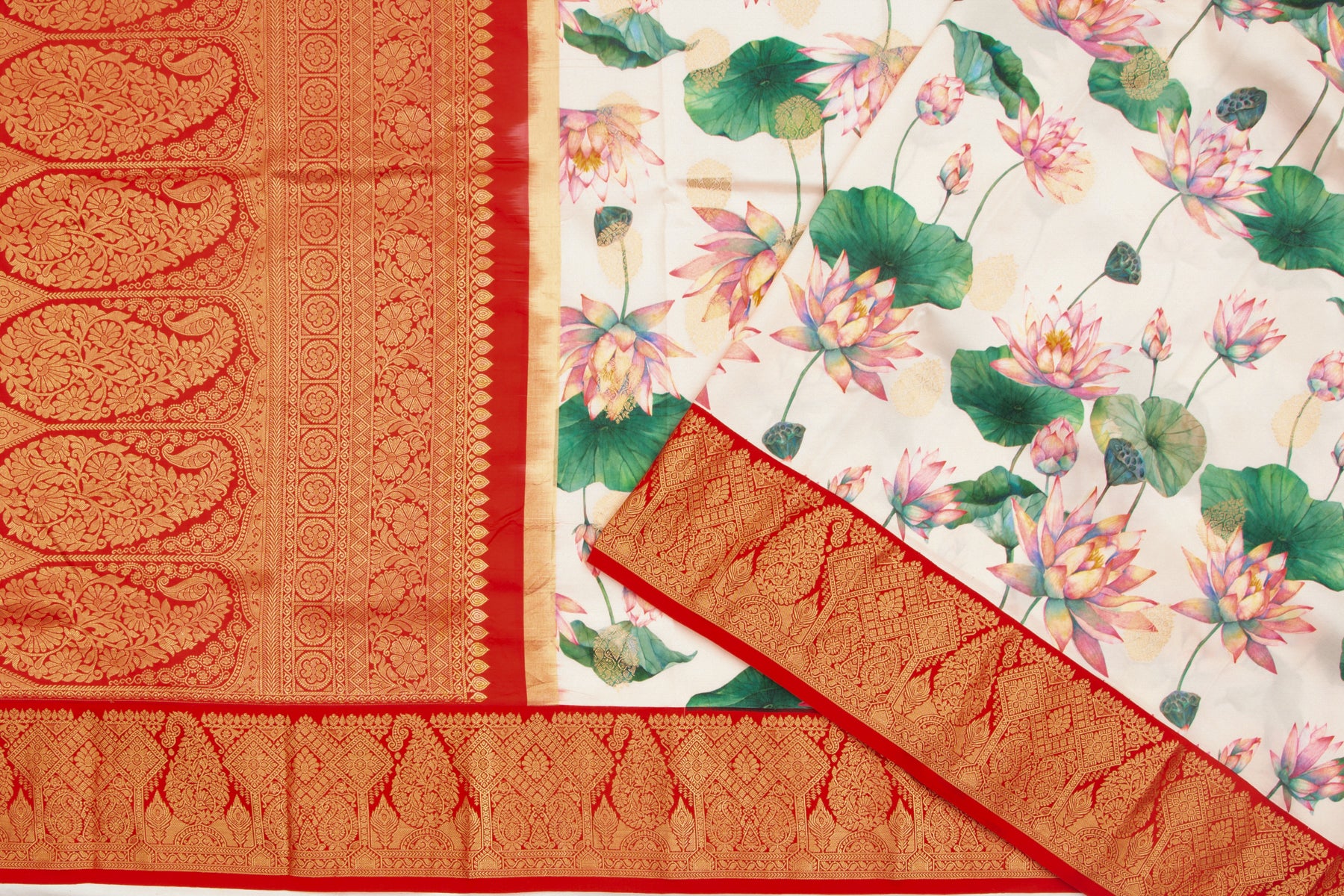 Kanchipuram Silk Floral Printed And Butta Cream Saree