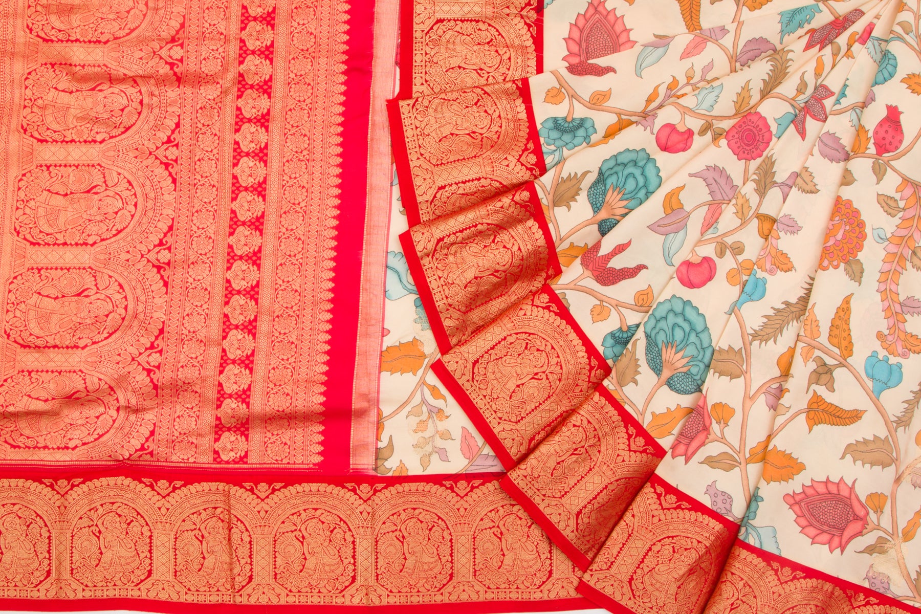 Kanchipuram Silk Floral Printed Cream Saree