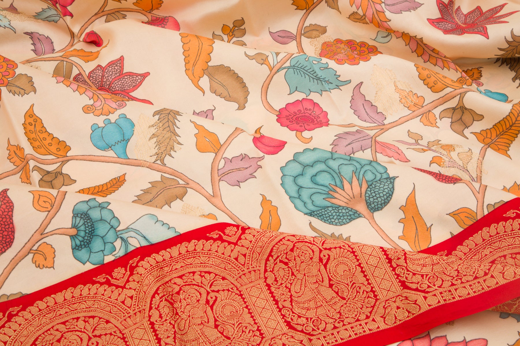 Kanchipuram Silk Floral Printed Cream Saree